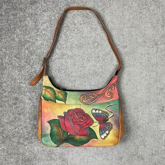 ANUSCHKA Shoulder Bag Purse Leather Hand-Painted Butterfly Floral Print Brown - Picture 3 of 7